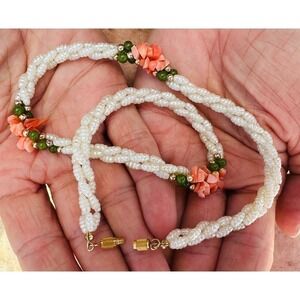 VTG 3 Strand Bright White Seed Pearl Choker Necklace w Jade Beads/Coral Flowers